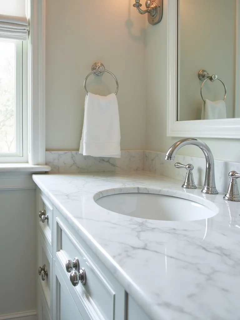 A classic bathroom view featuring white marble countertops, with its natural veining emphasized by soft overhead lighting, and including a view of a simple under mounted white sink and chrome faucet.