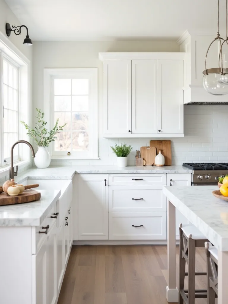 Bright and airy kitchen featuring white shaker cabinets and durable, beautiful Calacatta marble-look quartz countertops.