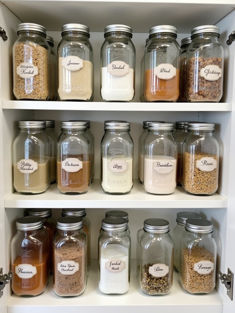 Farmhouse kitchen shelving featuring an organized collection of mason jars used for pantry storage, showcasing both functionality and vintage charm.