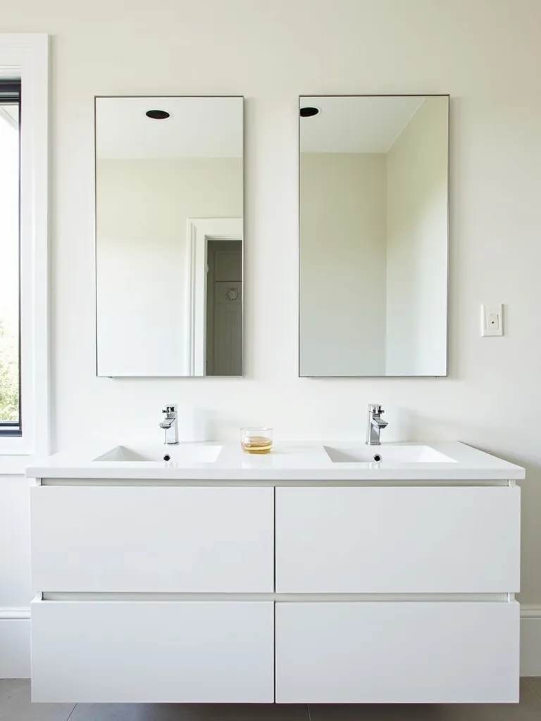A contemporary bathroom featuring two identical rectangular wall-mounted mirrors above a double vanity with two sinks.
