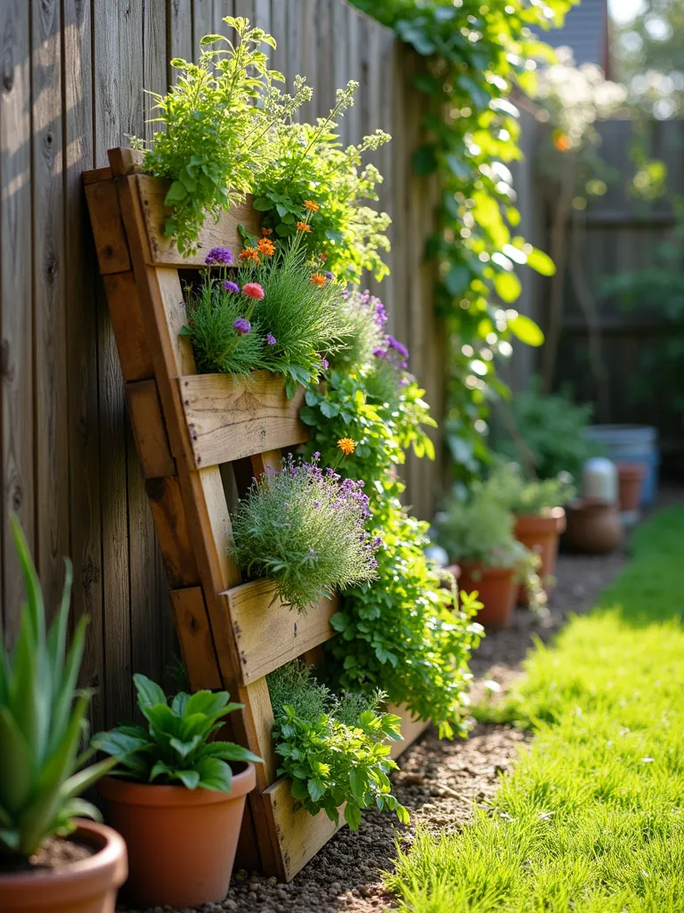 Vertical pallet garden filled with herbs and flowers in a sunny backyard.