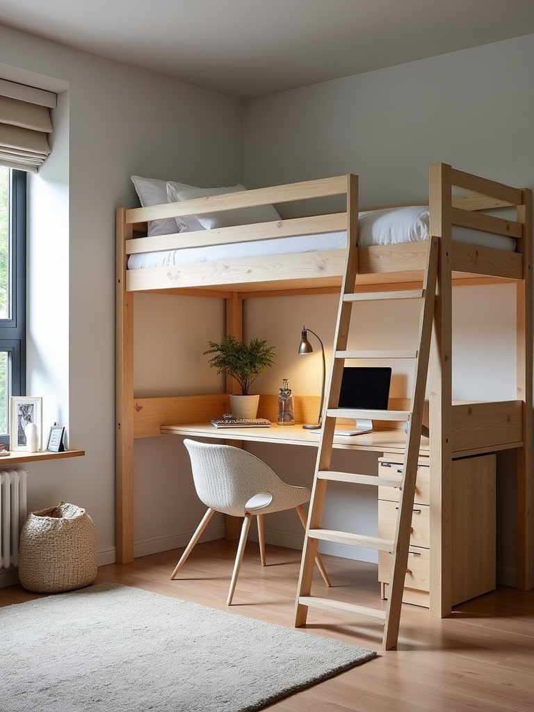 Teenage bedroom featuring a loft bed with a desk underneath, maximizing vertical space and creating a functional and stylish layout.