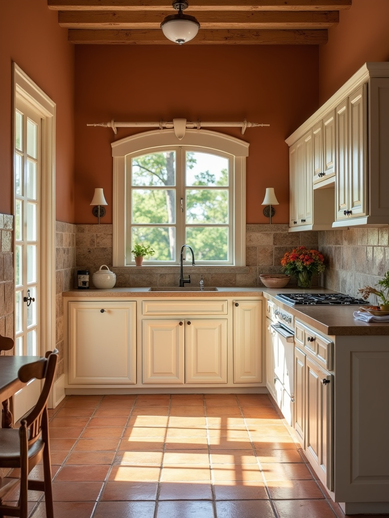 Mediterranean kitchen with creamy white cabinets, terracotta tile floor, and warm earthy tones