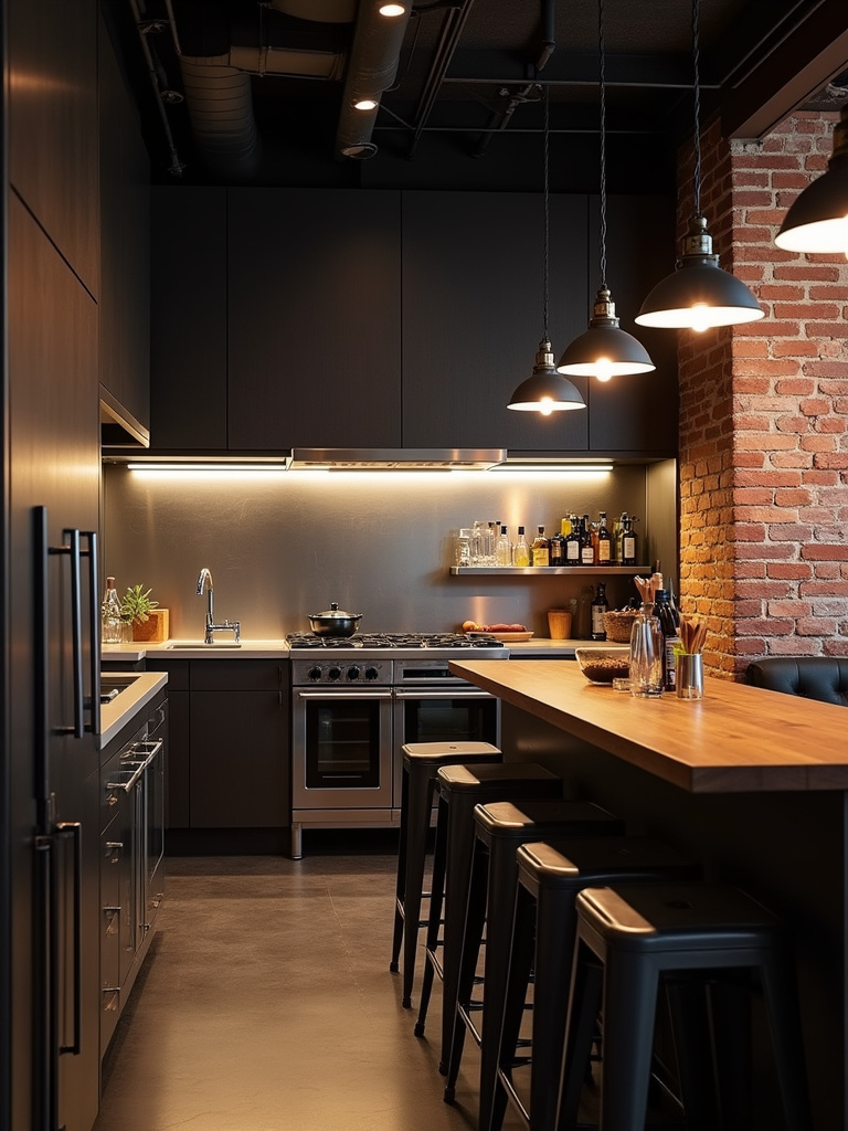 Industrial chic kitchen design with a stainless steel tile backsplash, exposed brick wall, and dramatic spotlighting