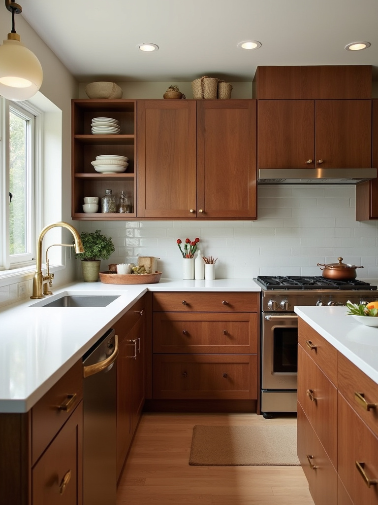 Mid-Century Modern kitchen with wood cabinets, white countertops, and brass hardware
