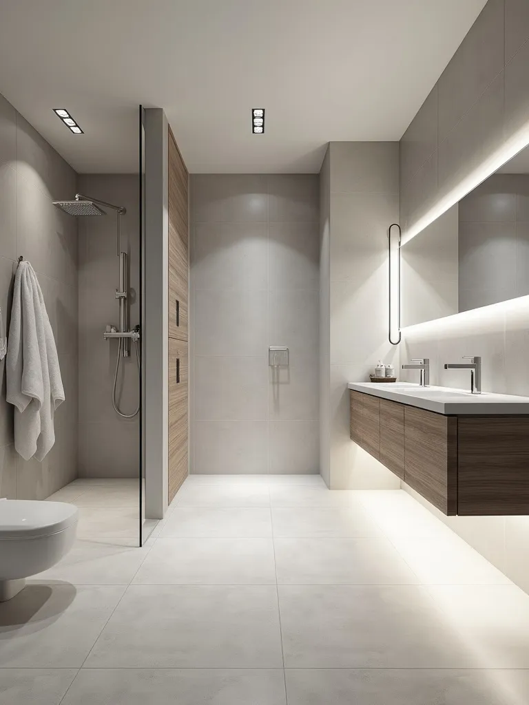 Serene minimalist bathroom with large format light grey porcelain tile floor and frameless shower.