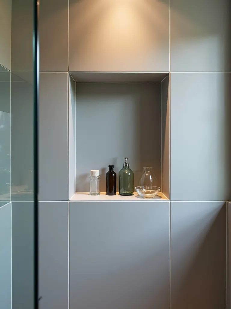 Minimalist bathroom shower with built in niche for storage