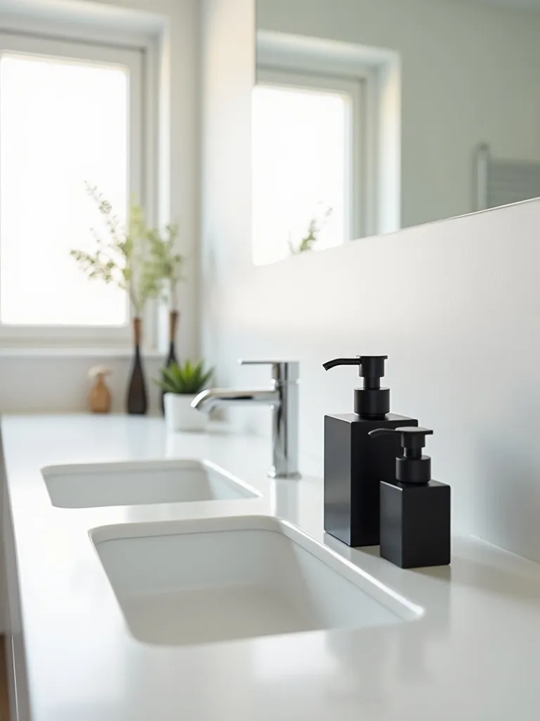 Minimalist soap dispensers in a sleek and modern bathroom setting.