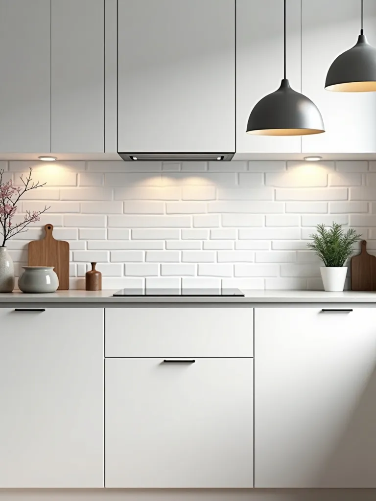 Scandinavian modern kitchen featuring white handleless cabinets and minimalist thin edge light grey quartz countertops.