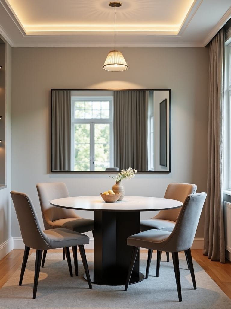 Modern small dining room with a large mirror reflecting light and space.