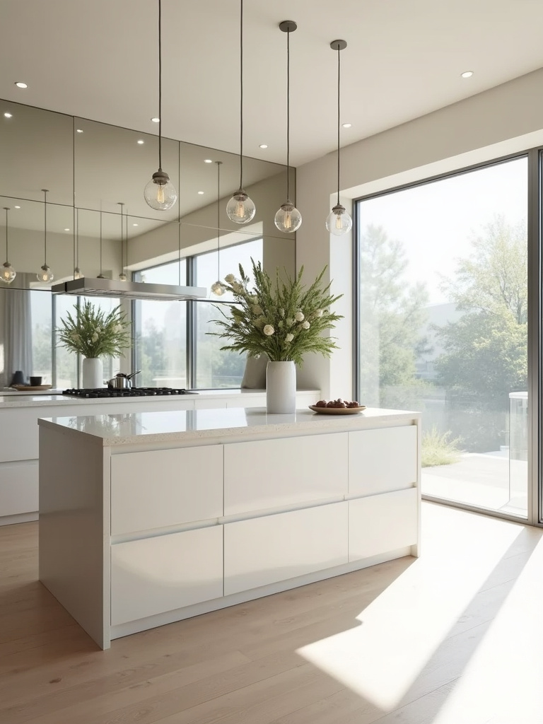 Medium shot, professional kitchen interior, bright sunlight from window, full mirrored backsplash, white kitchen island, pendant lights reflected in mirror, light wood floors, open concept design.