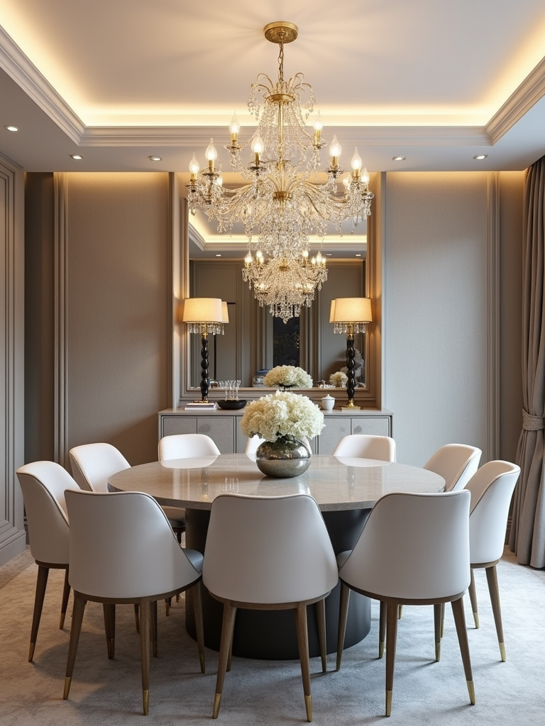 Modern glam small dining room with a mirrored backsplash behind the sideboard.
