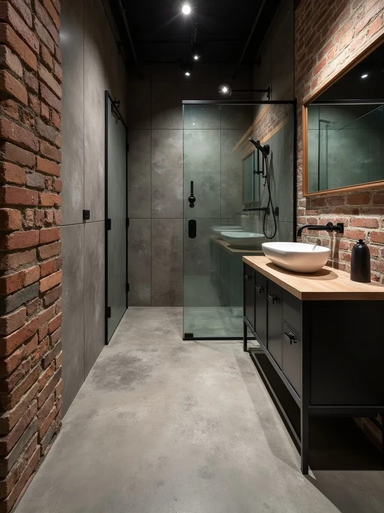 Industrial bathroom with polished concrete floor, exposed brick wall, and metal vanity.