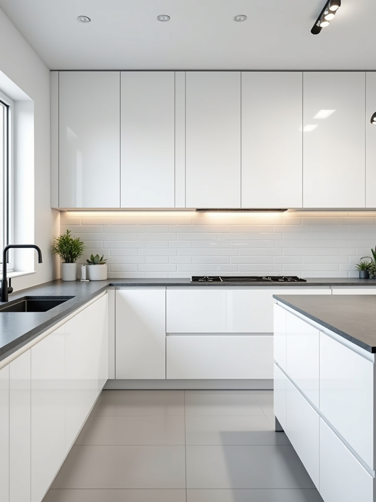 Modern minimalist kitchen featuring white flat-panel cabinets and sleek, stylish dark gray quartz countertops.
