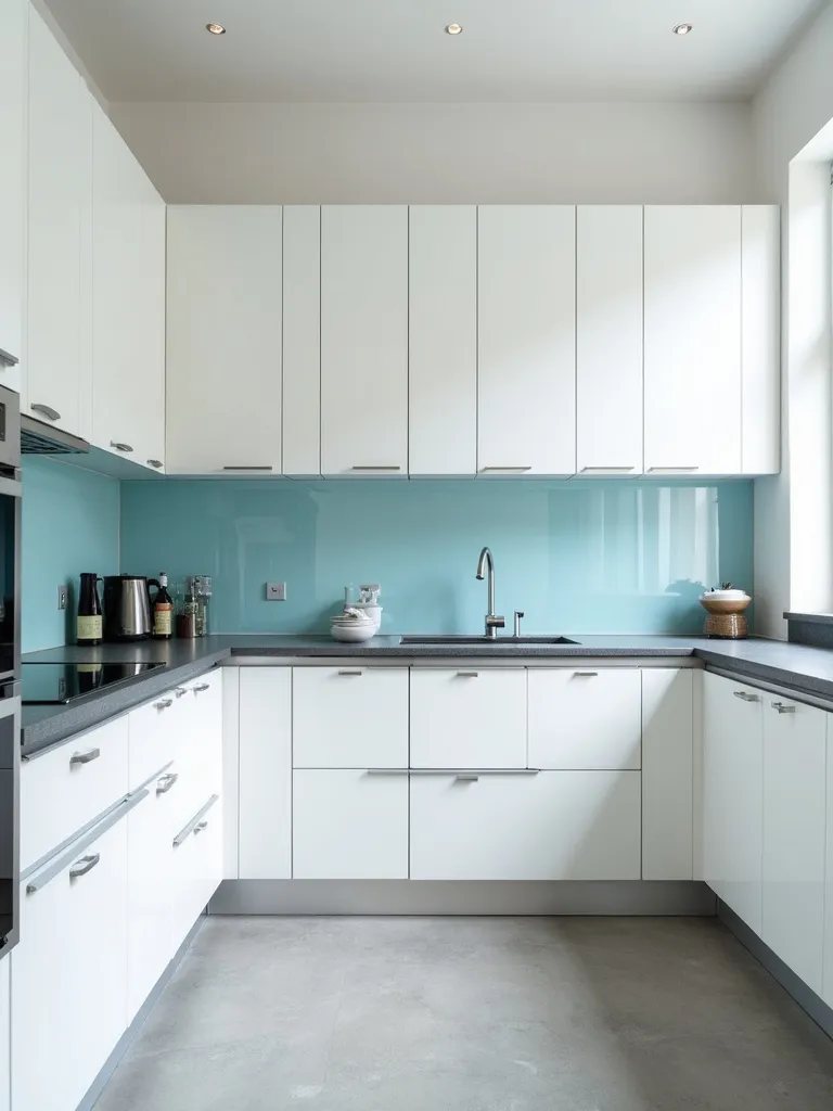 Sleek modern kitchen featuring white flat-panel cabinets and a light-reflecting light blue glass tile backsplash enhancing the dark grey quartz countertops.