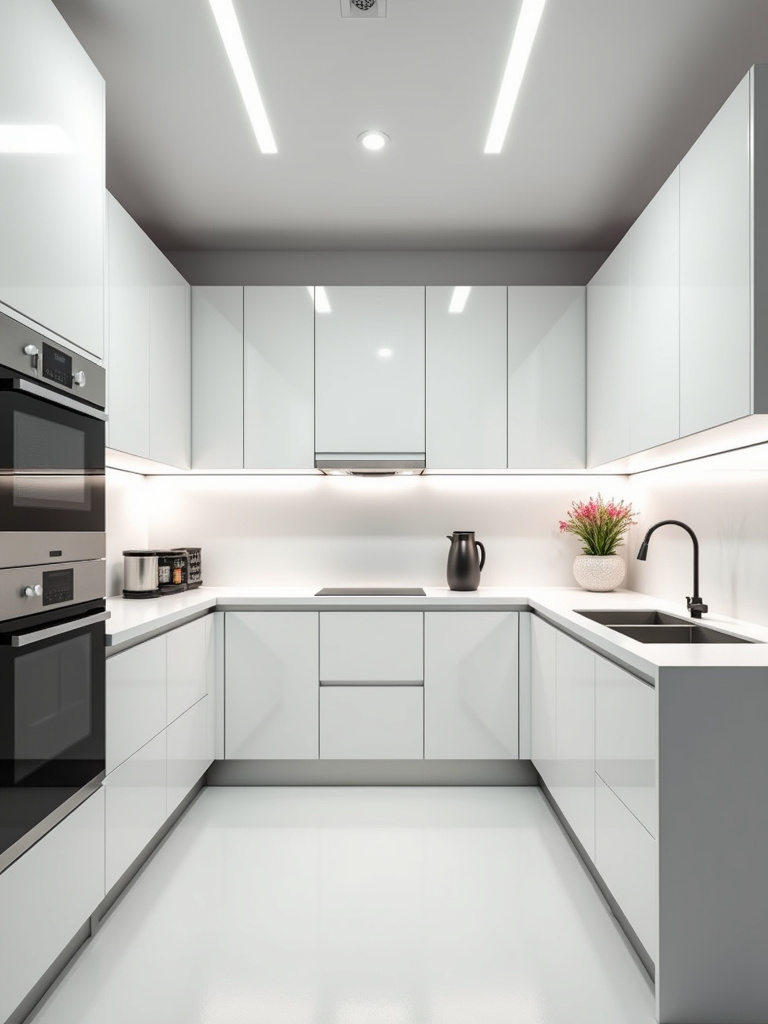 Modern kitchen with white flat-pack cabinets, stainless steel appliances, and minimalist design