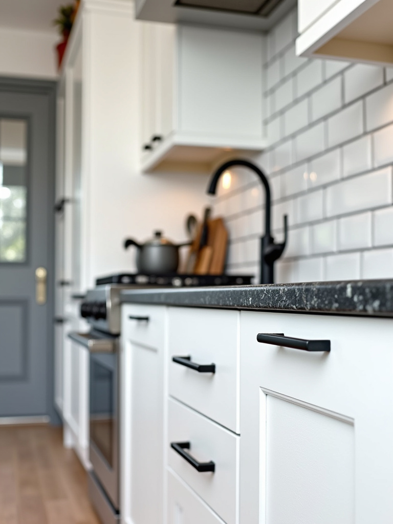 Industrial modern kitchen featuring white flat-panel cabinets and modern matte black hardware completing the edgy look against black granite countertops.