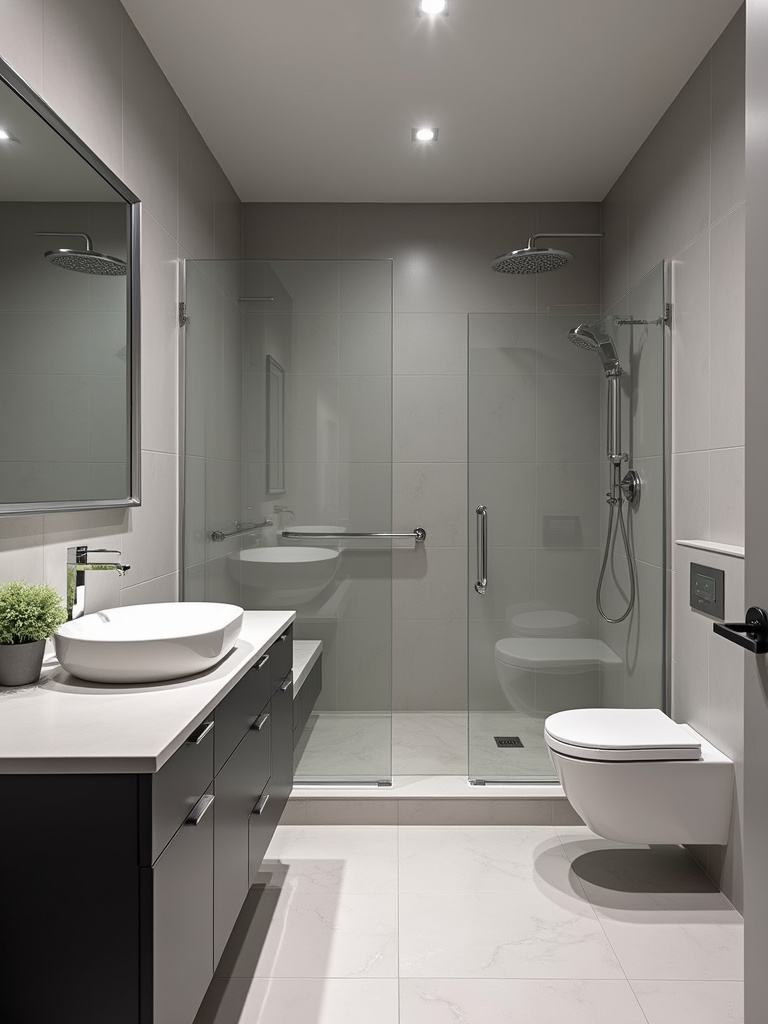 A modern bathroom with a sophisticated monochromatic grey color palette, featuring varying shades of grey on walls, vanity, flooring, and accessories, under soft diffused ambient lighting.