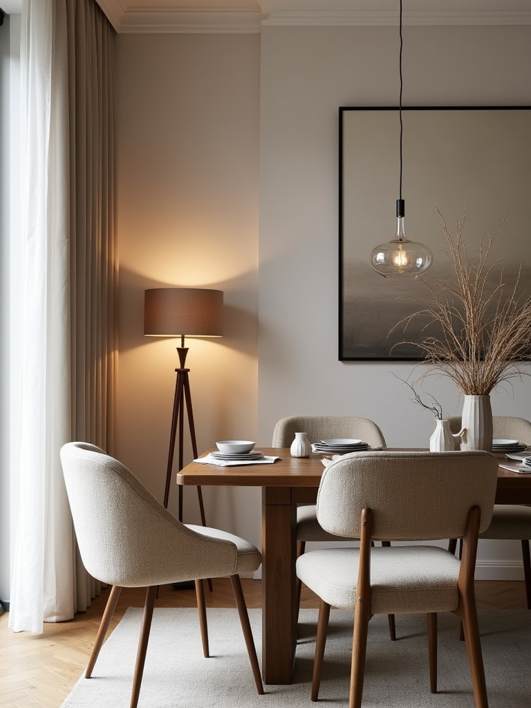 Scandinavian small dining room with a warm monochromatic beige color scheme and varied textures.
