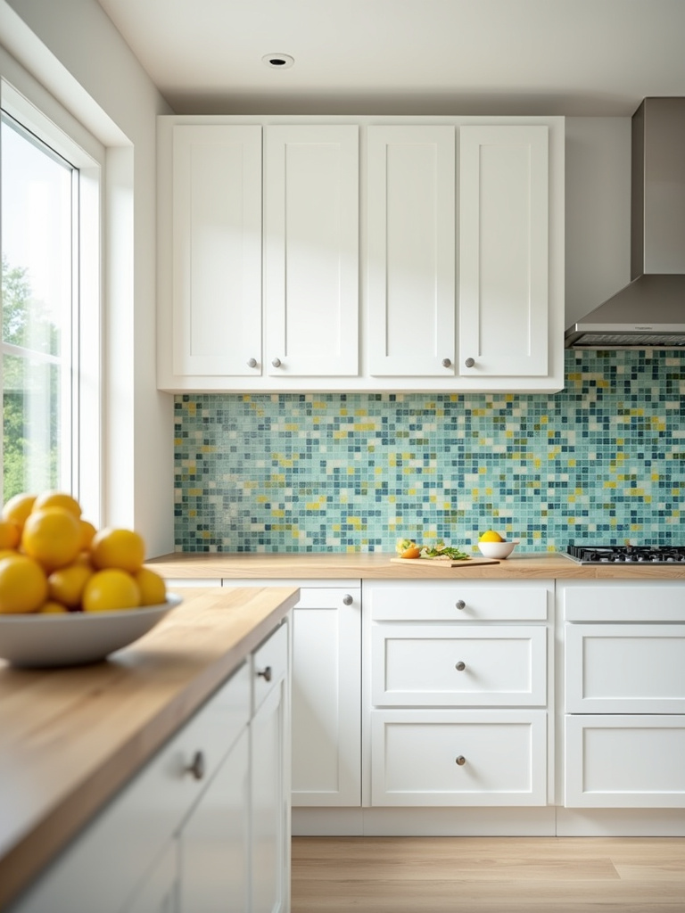 Cheerful kitchen with a vibrant glass mosaic tile backsplash in shades of blue, green, and yellow, paired with white cabinets and light wood countertops