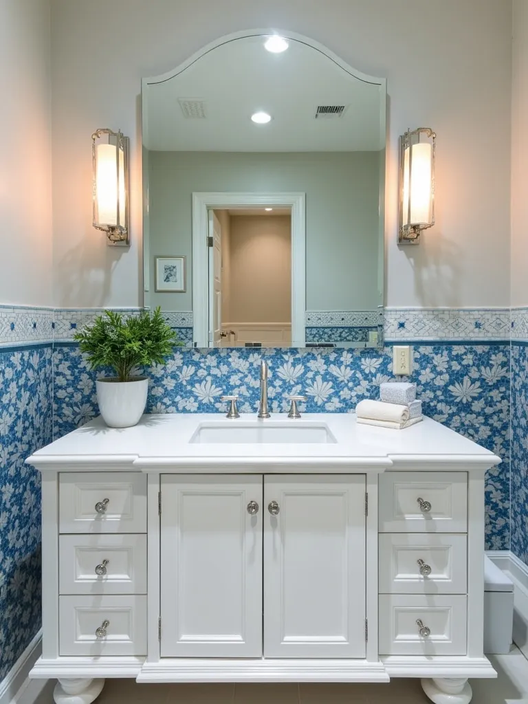 Bathroom vanity with a blue and white floral mosaic tile backsplash, adding a touch of elegance and detail.