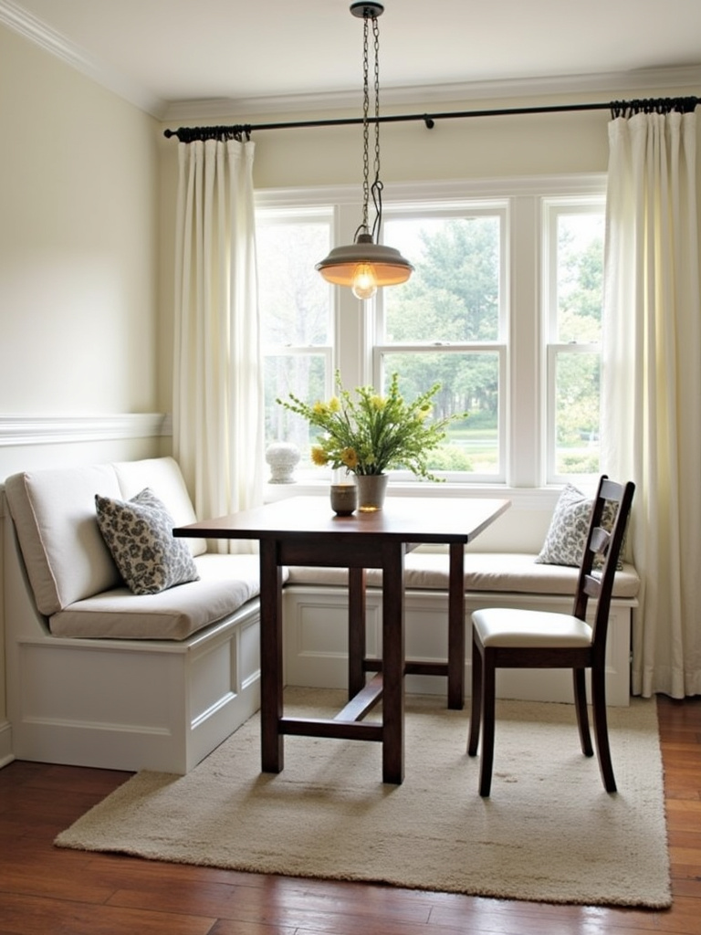 Farmhouse small dining room with a multi-functional storage bench.