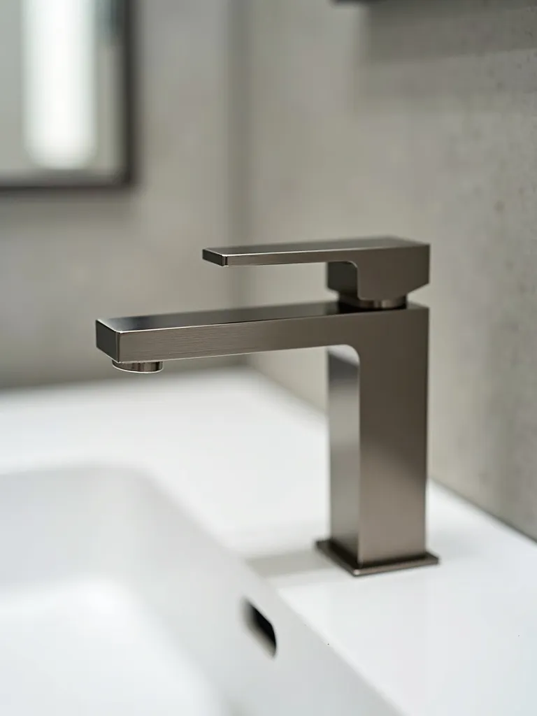 A minimalist bathroom faucet in a muted brushed metallic finish.