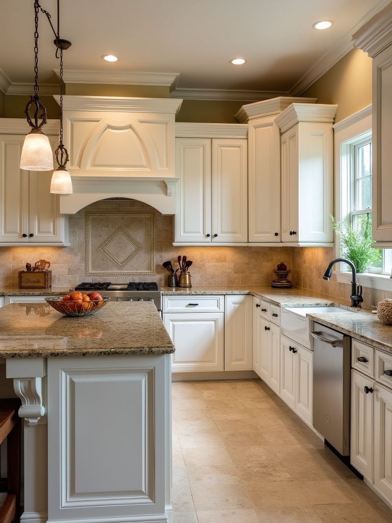 Mediterranean style kitchen featuring white arched cabinets and a natural stone travertine tile backsplash complementing the beige granite countertops.
