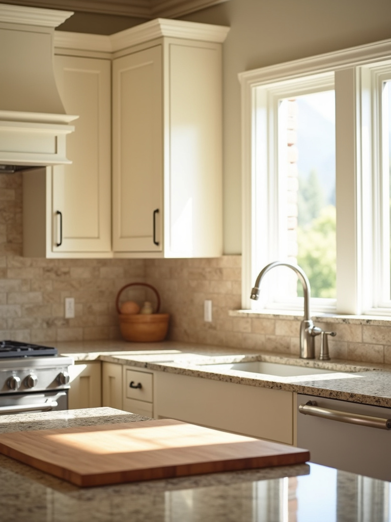 Elegantly designed kitchen with a warm travertine natural stone backsplash, cream cabinets, and granite countertops bathed in natural sunlight