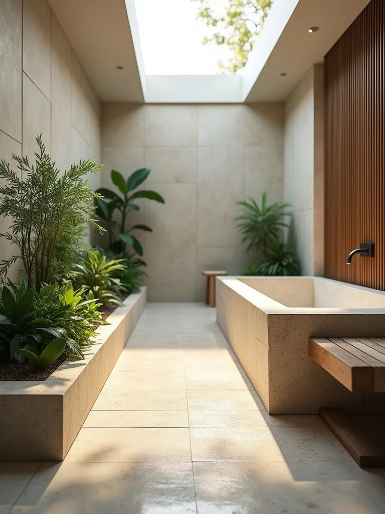 Tranquil spa bathroom with honed travertine tile floor, soaking tub, and natural light.