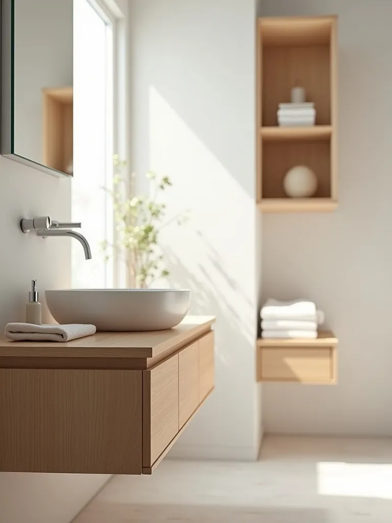 Minimalist bathroom with natural wood accents for warmth and visual interest.