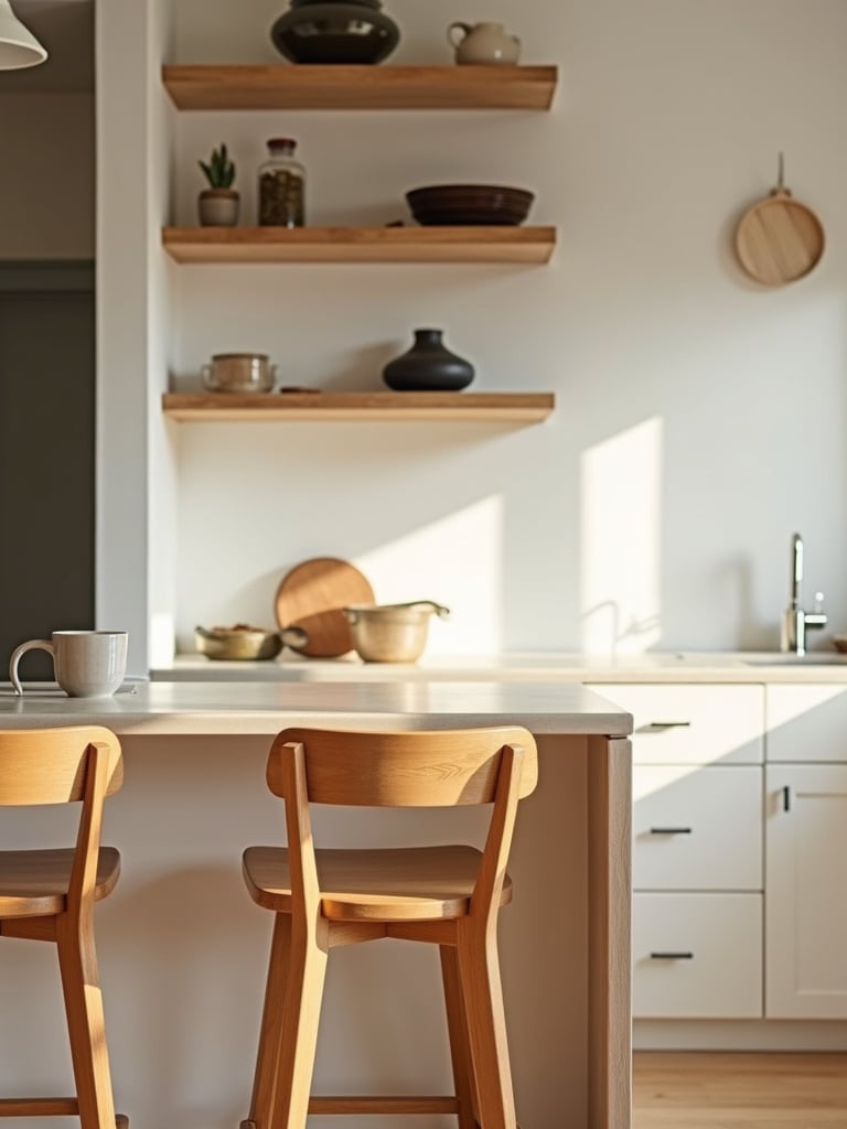 Contemporary kitchen featuring natural wood bar stools and open shelves
