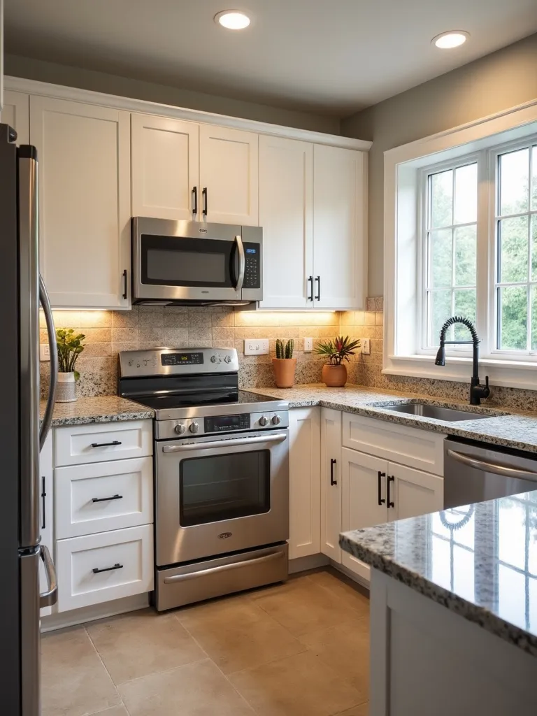 Warm contemporary kitchen featuring white flat-panel cabinets and naturally textured grey granite countertops with a leathered finish.