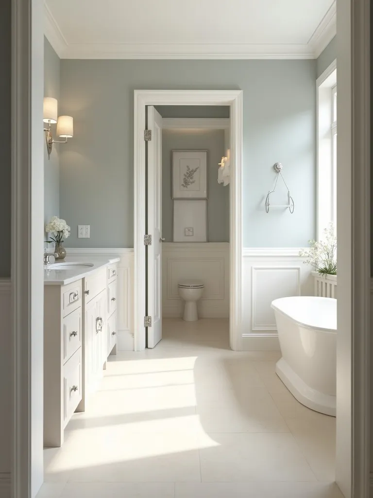 A wide-angle shot of a classic bathroom with a tranquil neutral color palette including soft grays, white walls and bath, with a touch of beige, emphasizes the calm and spacious qualities of the space.