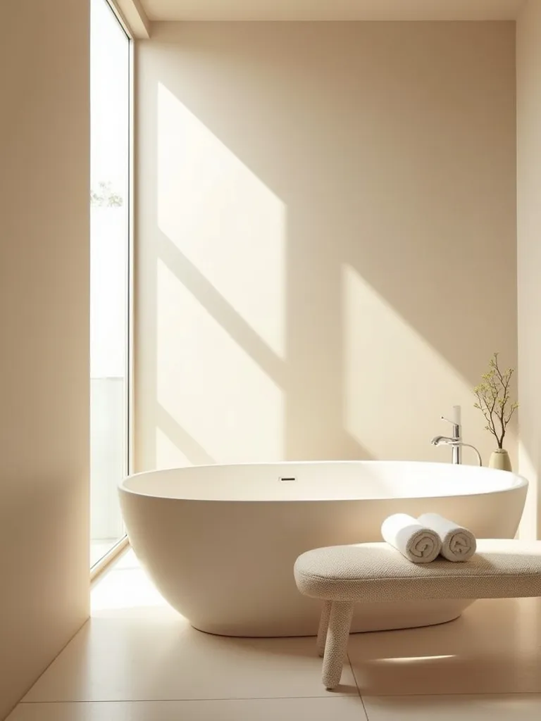 A calming bathroom with a neutral beige color palette.