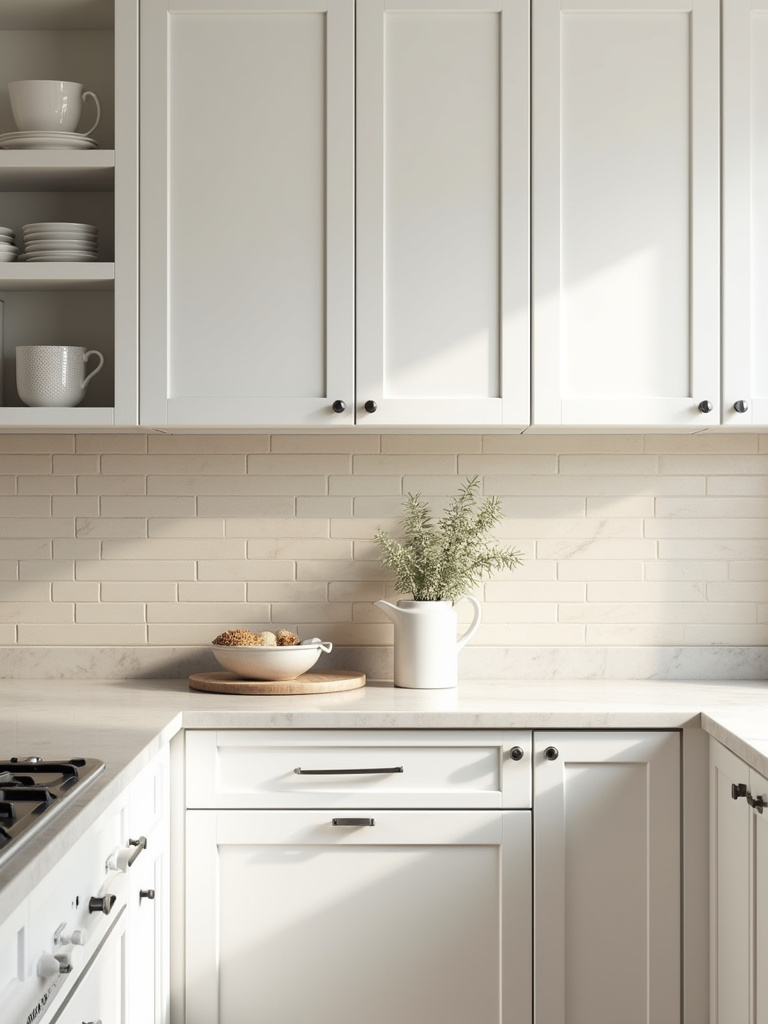 Elegant kitchen with a timeless beige ceramic tile backsplash, white shaker cabinets, and light marble countertops, creating a calm and neutral atmosphere
