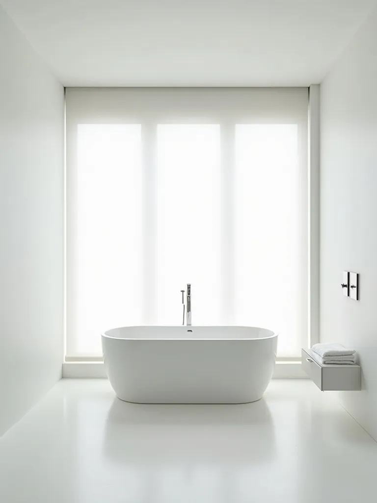 Minimalist bathroom with no-fuss white roller blinds for window treatment.