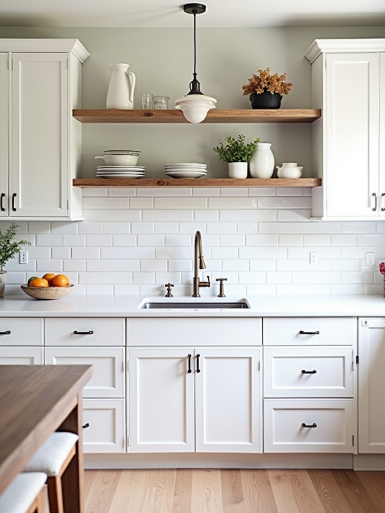 Modern farmhouse kitchen featuring white shaker cabinets and stylish light wood open shelving above the white quartz countertops.