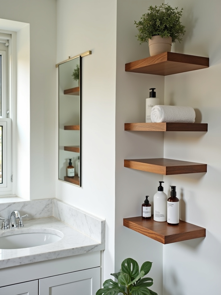 Stylish open wooden shelving in a small bathroom, displaying curated towels, skincare, and decorative items