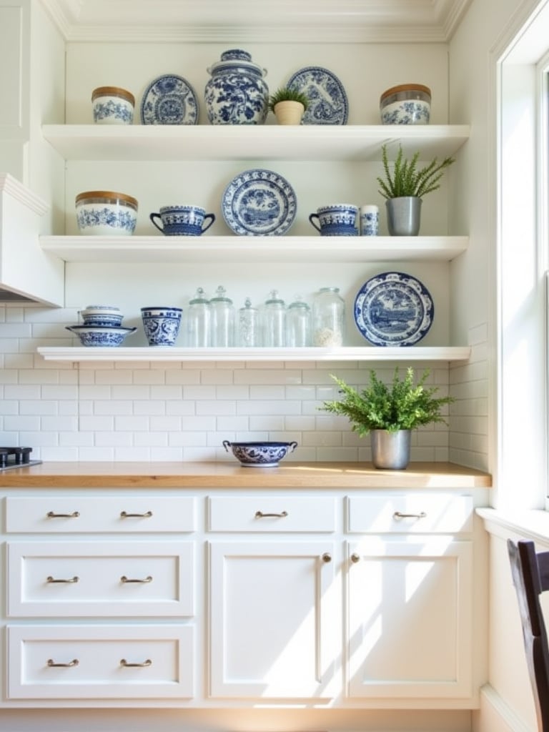 Coastal kitchen with white open shelving styled with coastal dishes and decor.