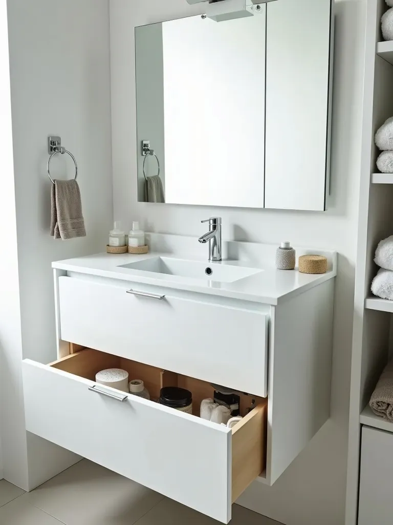 Small, organized bathroom featuring a white multi-functional vanity with drawers and open shelving for efficient storage.