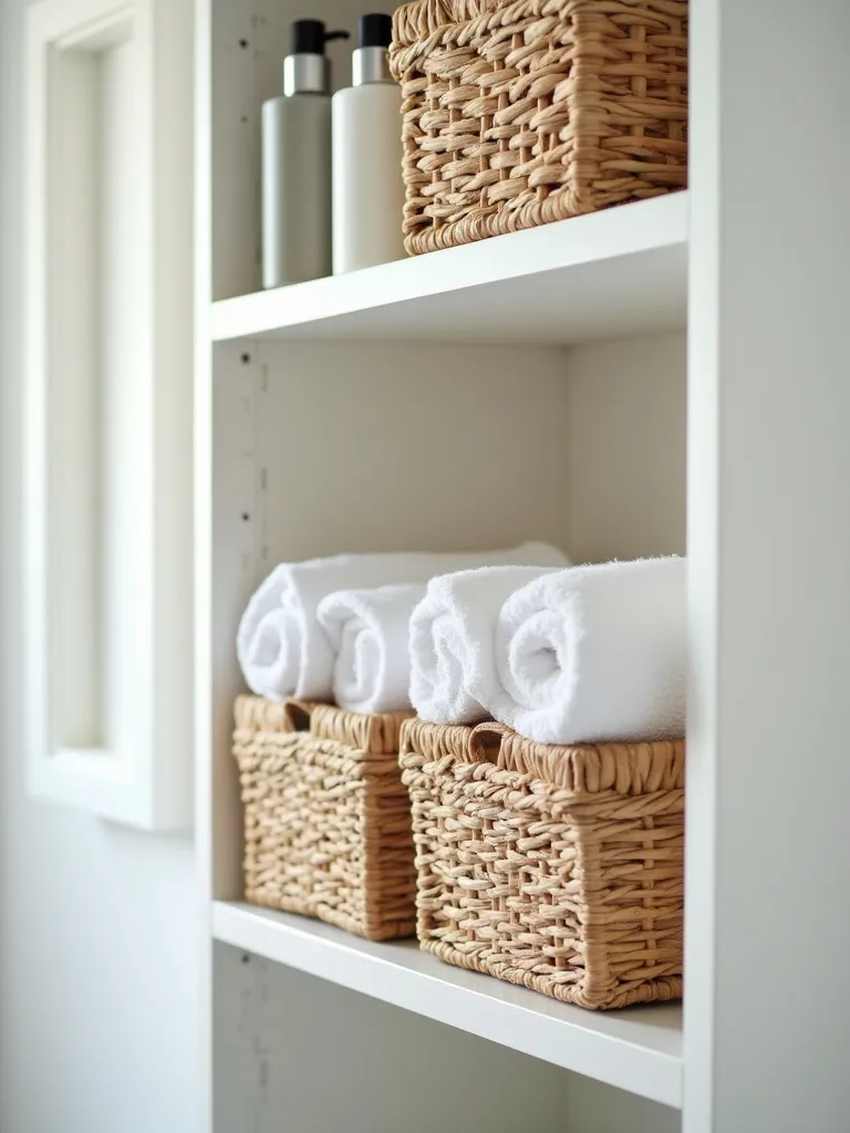 Small bathroom shelf with woven baskets used for stylish and practical organization of bathroom items.