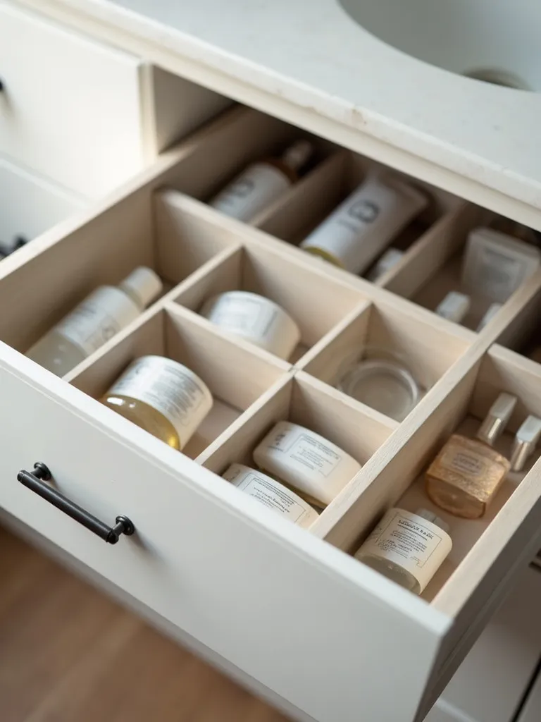 Minimalist bathroom drawers with effective organizers and labels.