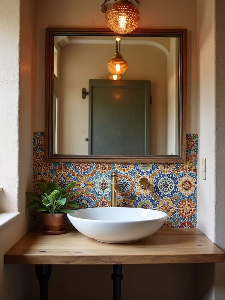 Bohemian bathroom vanity with a colorful Moroccan-style decorative tile backsplash, adding artistic flair and visual interest.