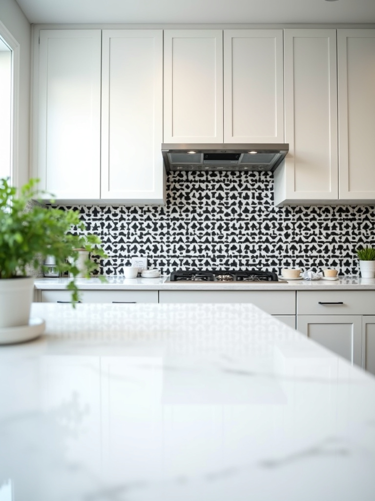 Modern kitchen featuring a bold black and white geometric patterned tile backsplash, paired with minimalist white cabinets