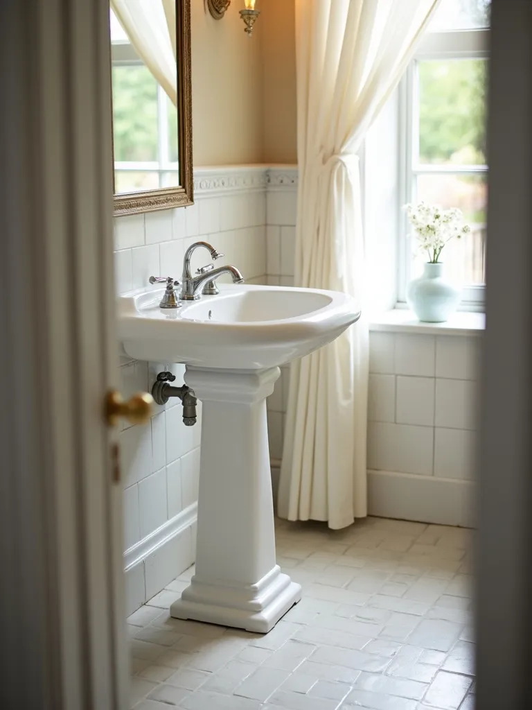 A classic bathroom featuring a white ceramic pedestal sink with chrome fixtures, a framed mirror, and geometric floor tiles, all bathed in soft, natural light.
