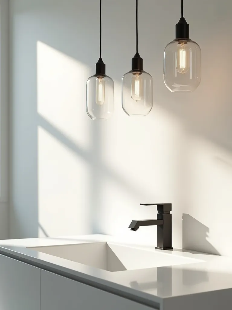Minimalist bathroom with sleek pendant lights hanging above the vanity.