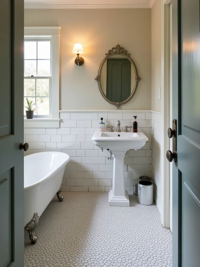 Vintage-style bathroom with a classic white penny tile floor and dark grey grout, evoking retro charm.