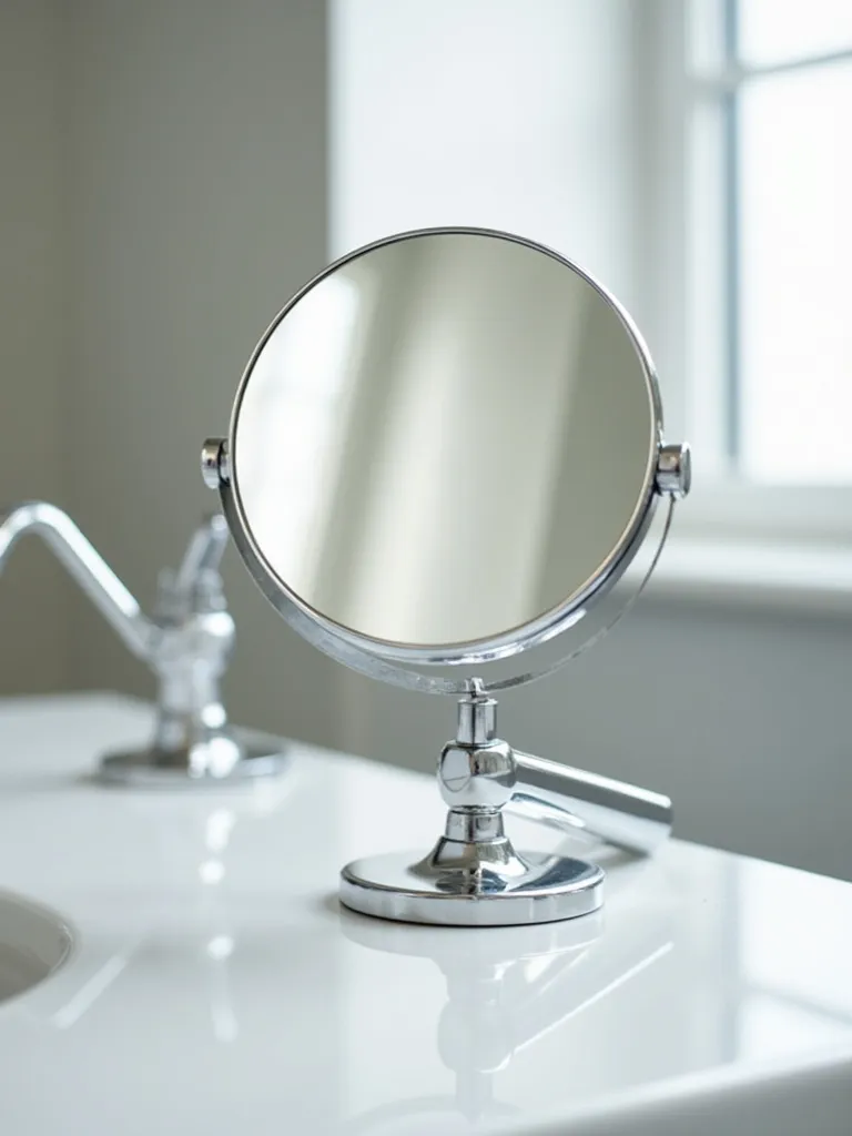 A chrome wall-mounted magnifying mirror with an extendable arm in a bathroom setting.