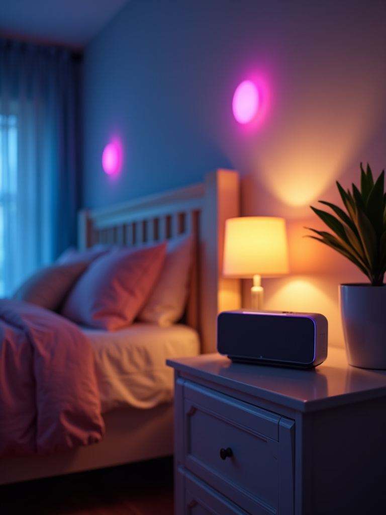Tech-savvy teenage bedroom featuring smart lighting with customizable colors and a Bluetooth speaker on a nightstand, integrating technology for convenience and personalization.